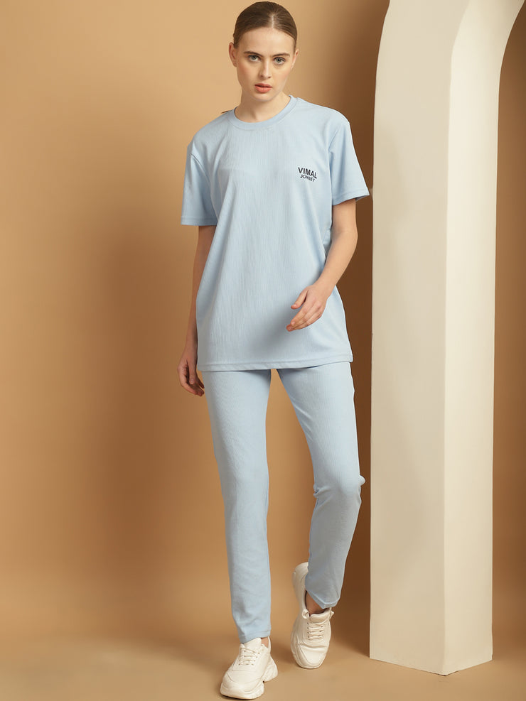 Vimal Jonney Solid  Light Blue  Polyester Lycra Half sleeves Co-ord Set Trackuit For Women