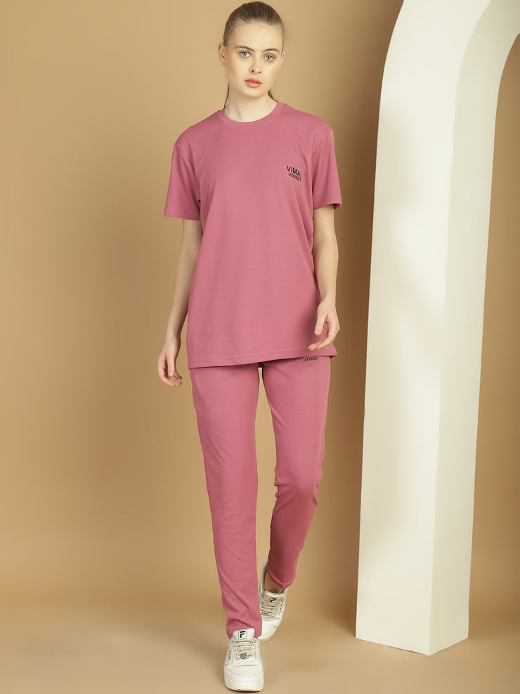Vimal Jonney Solid  Pink  Polyester Lycra Half sleeves Co-ord Set Trackuit For Women