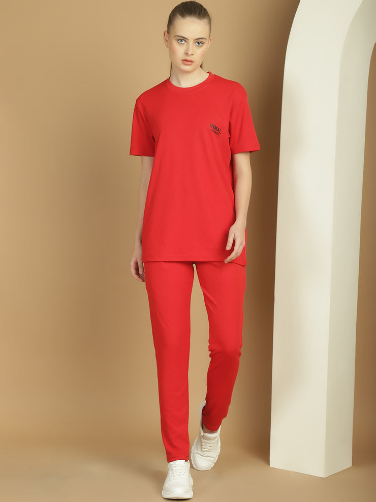 Vimal Jonney Solid  Red  Polyester Lycra Half sleeves Co-ord Set Trackuit For Women
