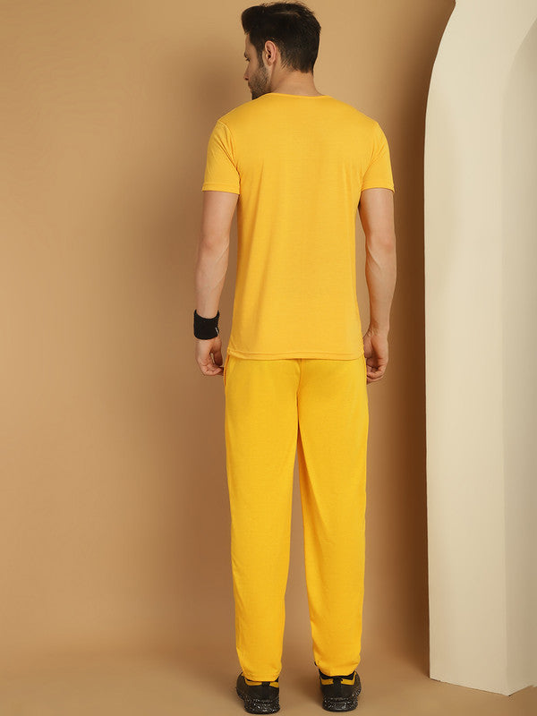 Vimal Jonney Yellow Cotton Printed Co-ord Set Tracksuit For Men(Zip On 1 Side Pocket)