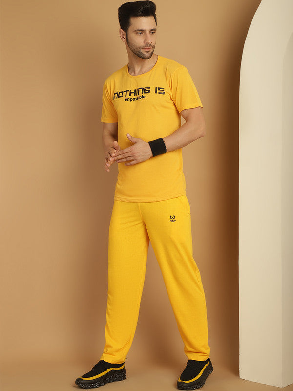 Vimal Jonney Printed  Yellow Round Neck Cotton  Half sleeves Co-ord set Tracksuit For Men