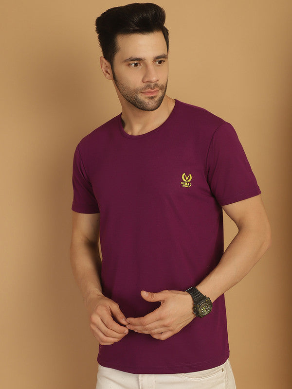 Vimal Jonney Round Neck Cotton Solid Purple T-Shirt for Men