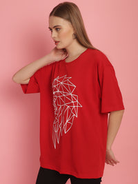 Vimal Jonney Printed Red Round Neck Cotton Oversize Half sleeves Tshirt For Women