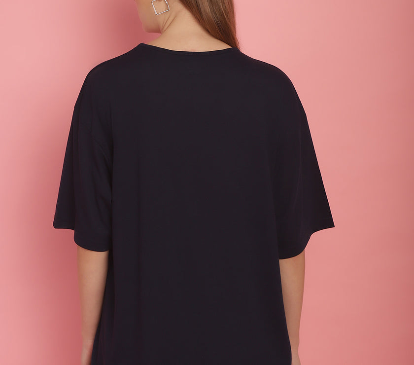 Vimal Jonney Printed Navy Blue Round Neck Cotton Oversize Half sleeves Tshirt For Women