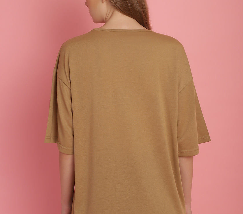 Vimal Jonney Printed Beige Round Neck Cotton Oversize Half sleeves Tshirt For Women