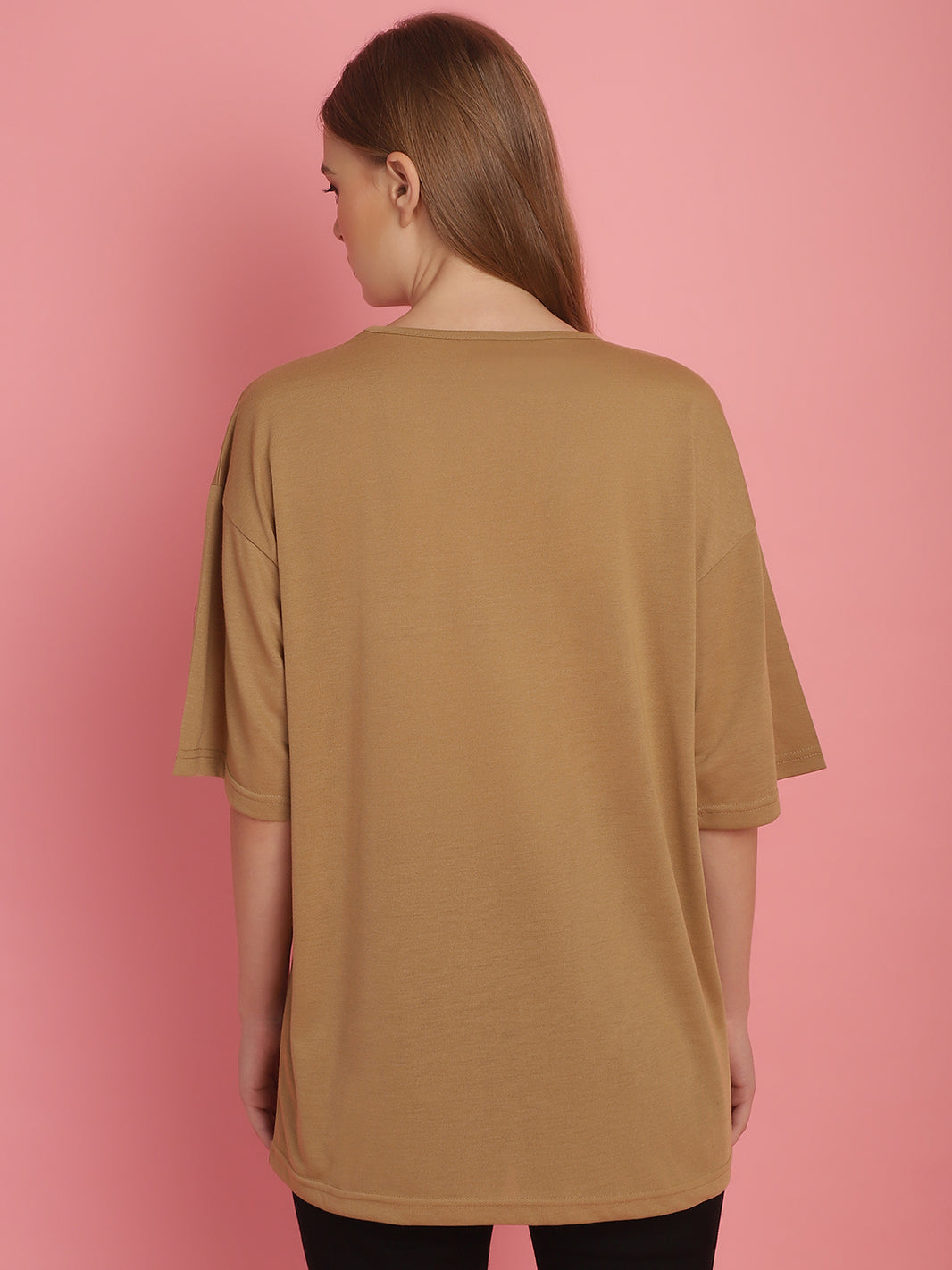 Vimal Jonney Printed Beige Round Neck Cotton Oversize Half sleeves Tshirt For Women
