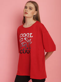 Vimal Jonney Printed Red Round Neck Cotton Oversize Half sleeves Tshirt For Women
