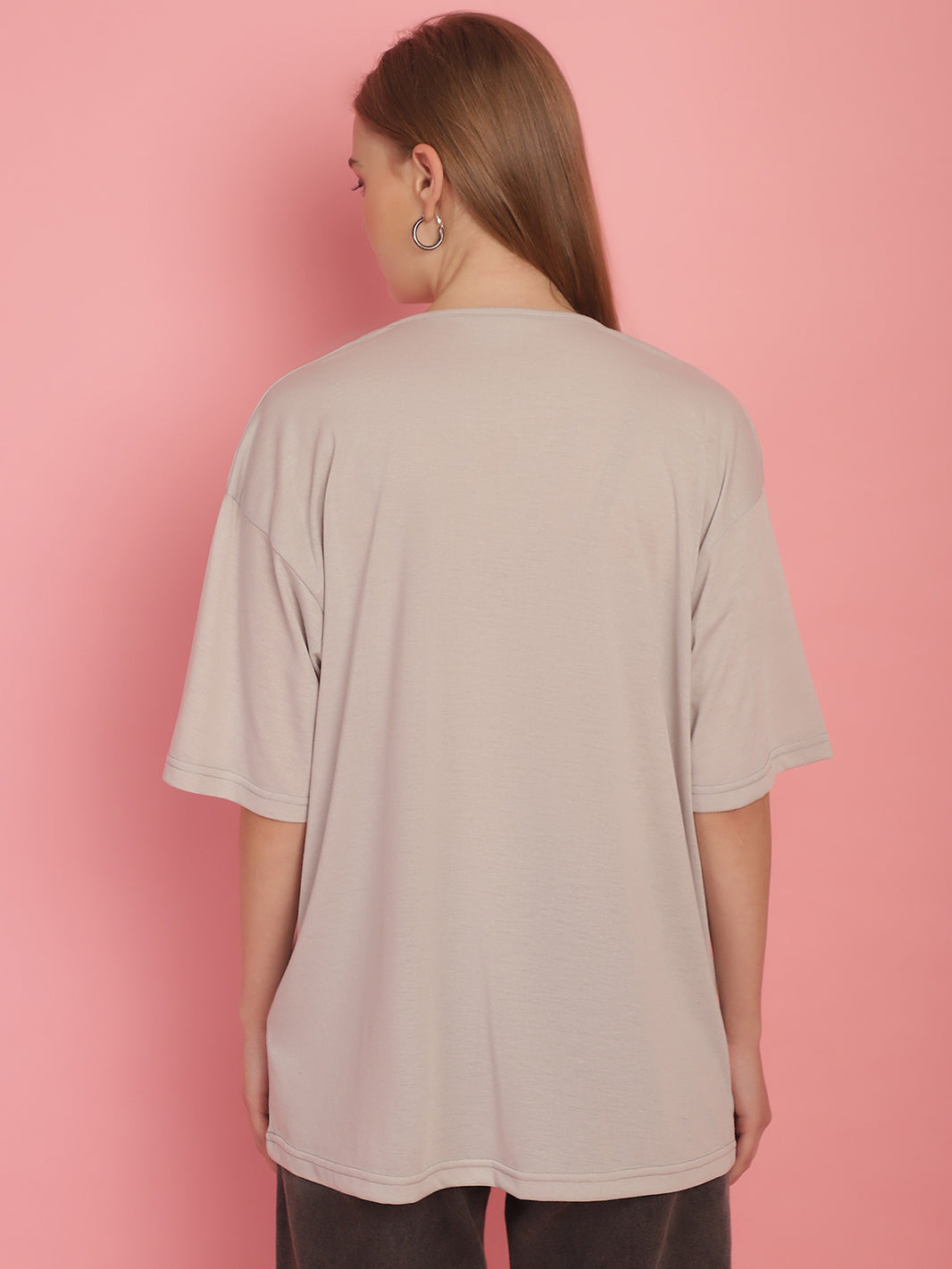 Vimal Jonney Printed Grey Round Neck Cotton Oversize Half sleeves Tshirt For Women