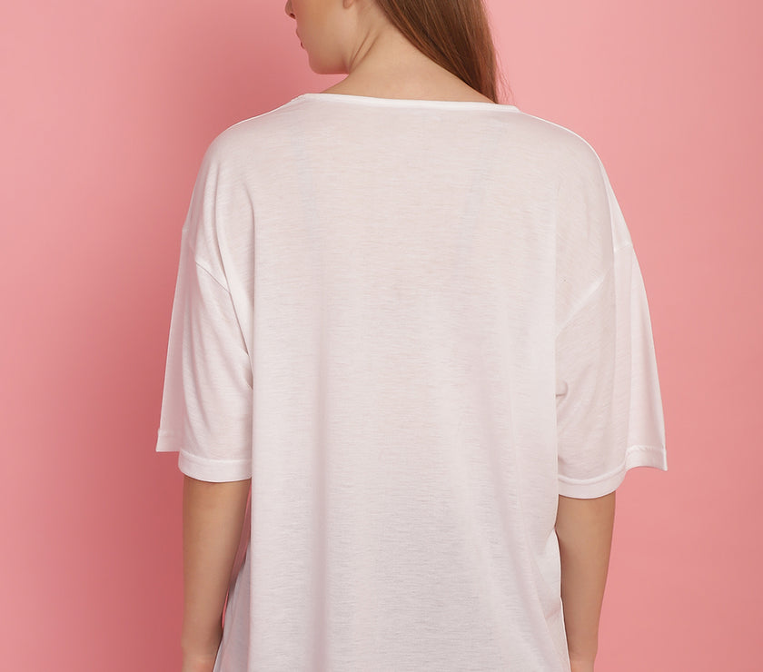 Vimal Jonney Printed White Round Neck Cotton Oversize Half sleeves Tshirt For Women