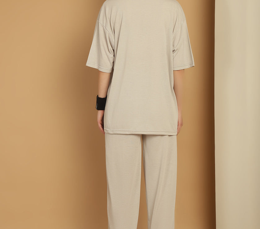 Vimal Jonney Printed  Light Grey Round Neck Cotton Oversize Half sleeves Co-ord set Tracksuit For Women