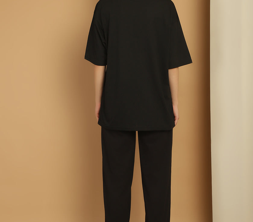 Vimal Jonney Printed  Black Round Neck Cotton Oversize Half sleeves Co-ord set Tracksuit For Women
