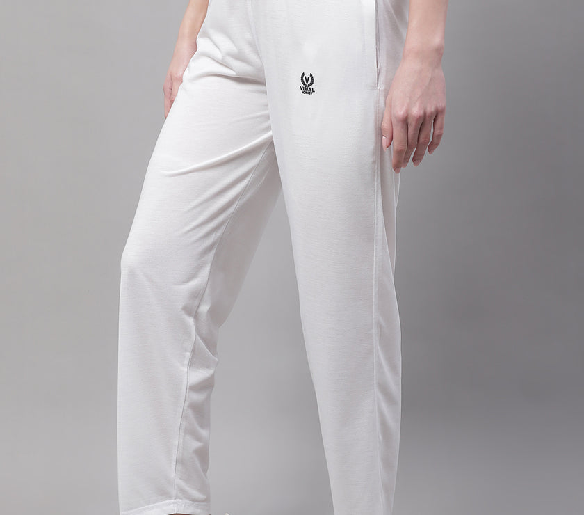 Vimal Jonney White Regular fit Cotton Trackpant for Women(Zip On 1 Side Pocket)