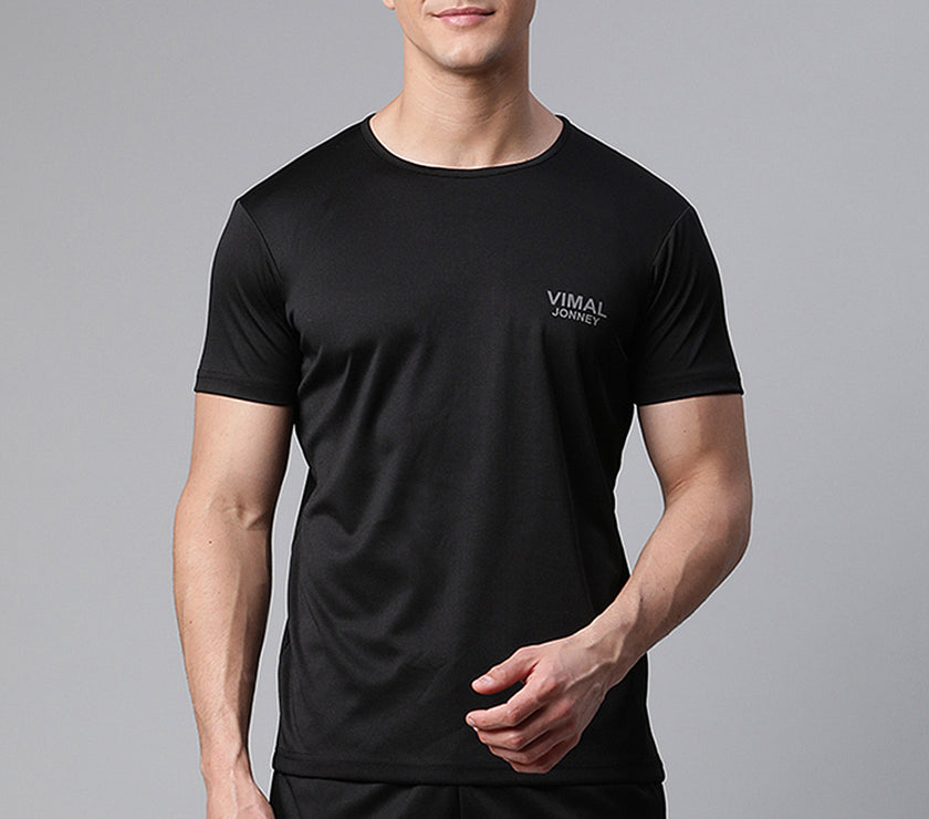 Vimal Jonney Dryfit Solid Black T-shirt for Men