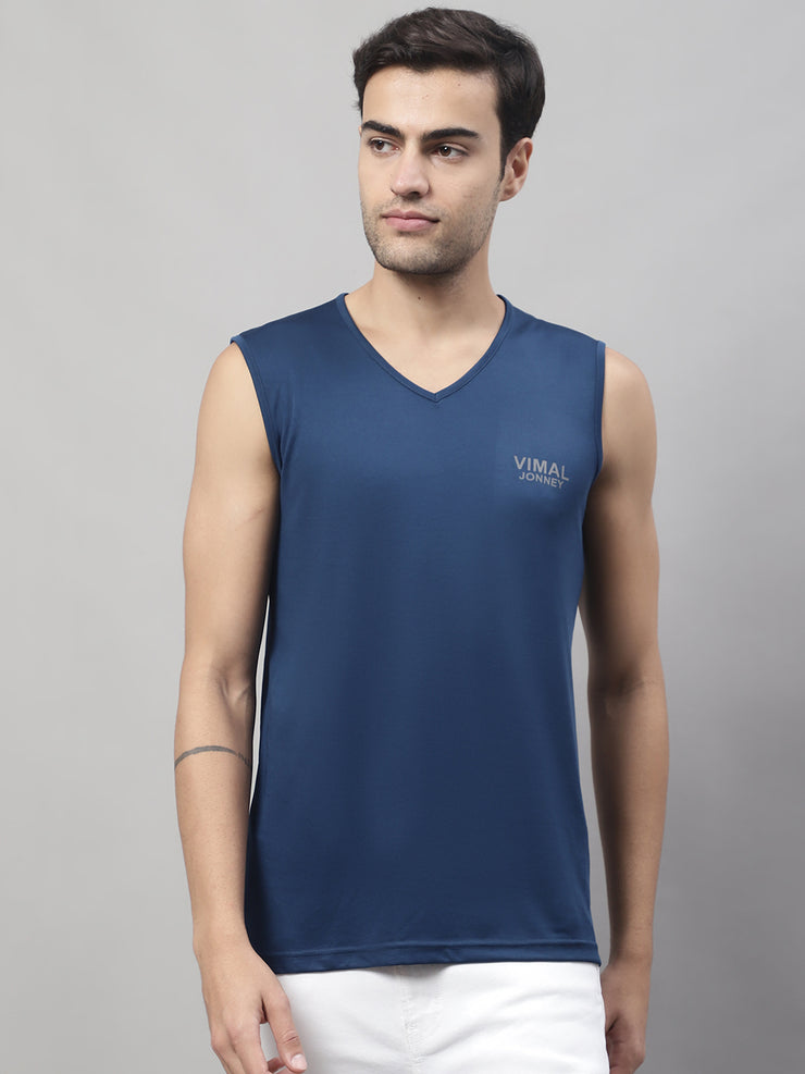 Vimal Jonney Regular Fit Dryfit Lycra Solid Blue Gym Vest for Men