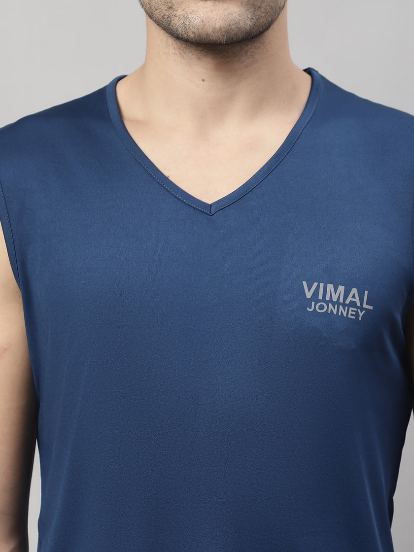 Vimal Jonney Regular Fit Dryfit Lycra Solid Blue Gym Vest for Men