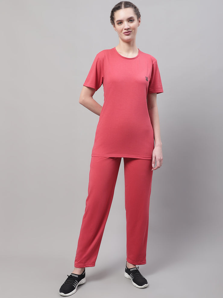 Vimal Jonney Pink Cotton Solid Co-ord Set Tracksuit For Women