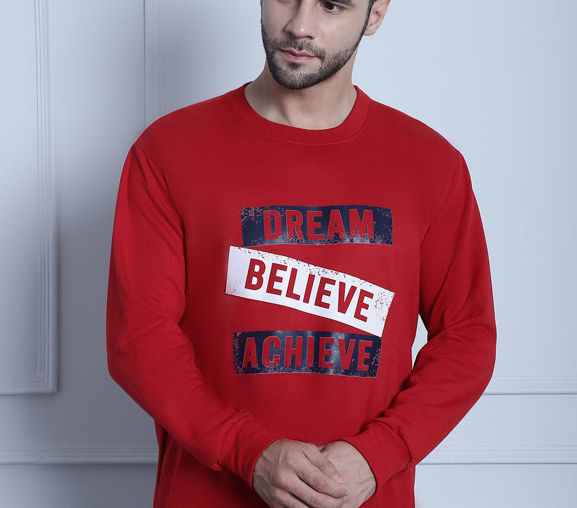 Vimal Jonney Maroon Printed Round Neck Cotton Fleece Sweatshirt for Men