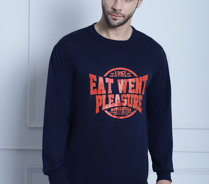 Vimal Jonney Navy Blue Printed Round Neck Cotton Fleece Sweatshirt for Men
