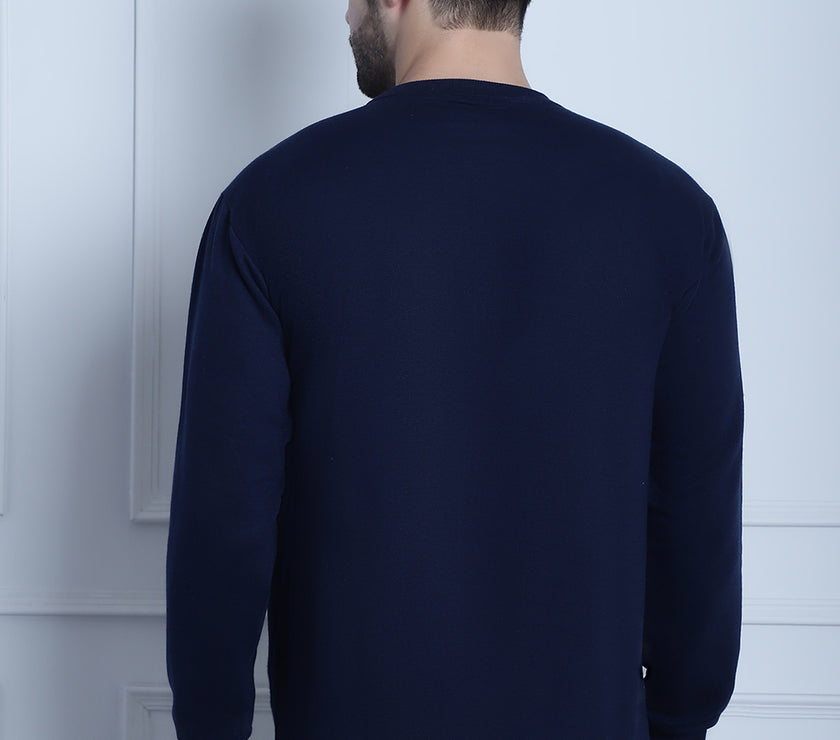 Vimal Jonney Navy Blue Printed Round Neck Cotton Fleece Sweatshirt for Men
