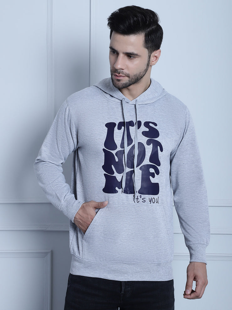 Vimal Jonney Grey Melange Printed Hooded Cotton Fleece Sweatshirt for Men