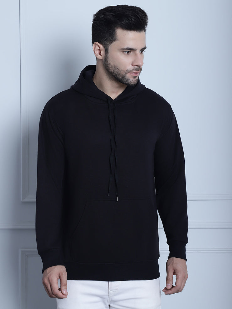 Vimal Jonney Black Solid Hooded Cotton Fleece Sweatshirt for Men