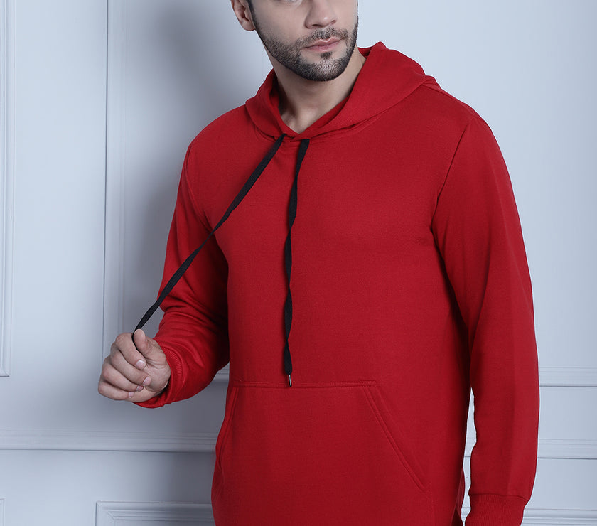 Vimal Jonney Maroon Solid Hooded Cotton Fleece Sweatshirt for Men