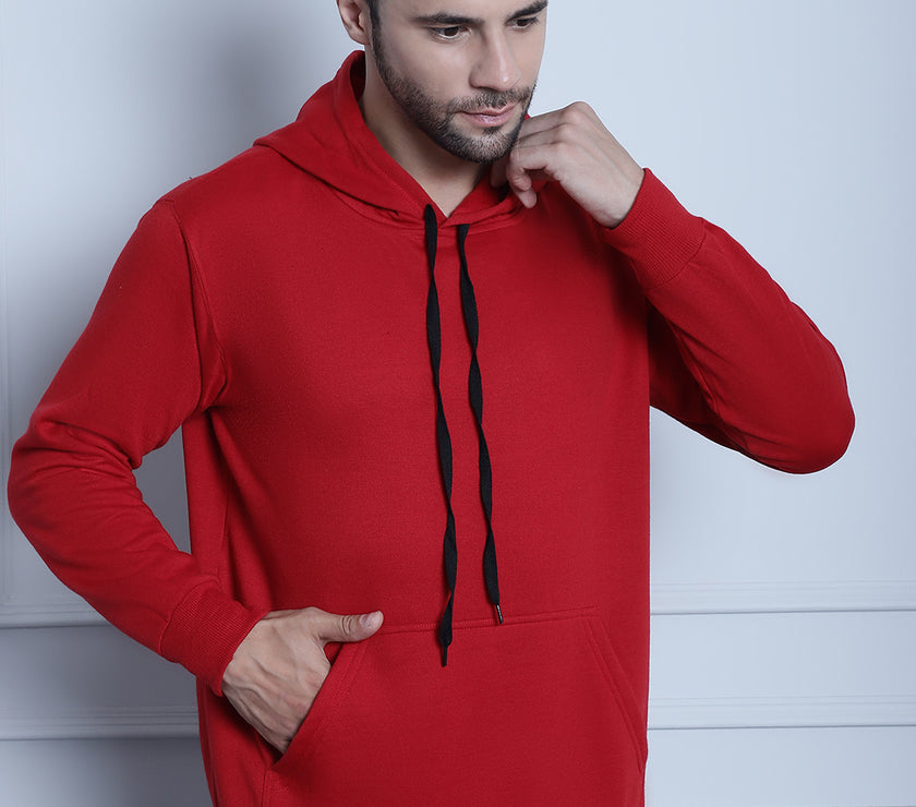 Vimal Jonney Maroon Solid Hooded Cotton Fleece Sweatshirt for Men