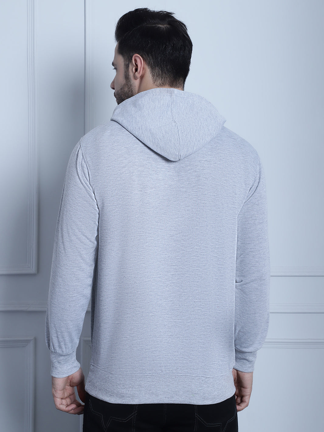 Vimal Jonney Grey Melange Solid Hooded Cotton Fleece Sweatshirt for Men