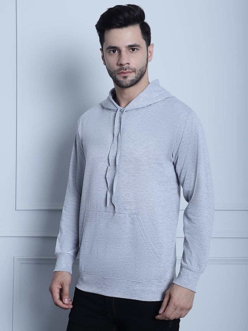 Vimal Jonney Grey Melange Solid Hooded Cotton Fleece Sweatshirt for Men
