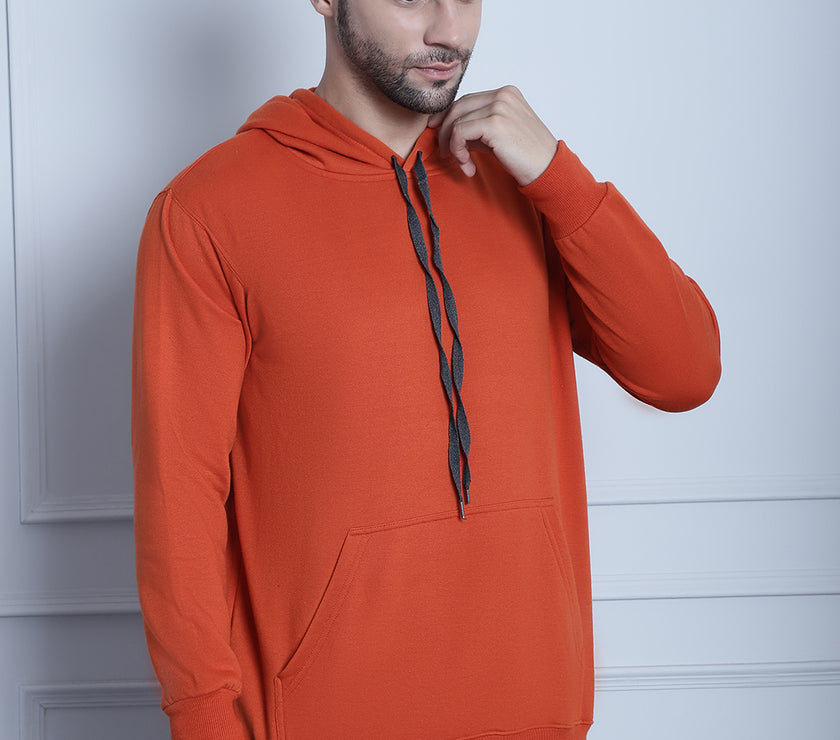 Vimal Jonney Rust Solid Hooded Cotton Fleece Sweatshirt for Men