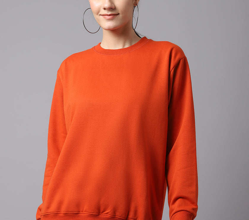 Vimal Jonney Fleece Round Neck Rust Sweatshirt For Women