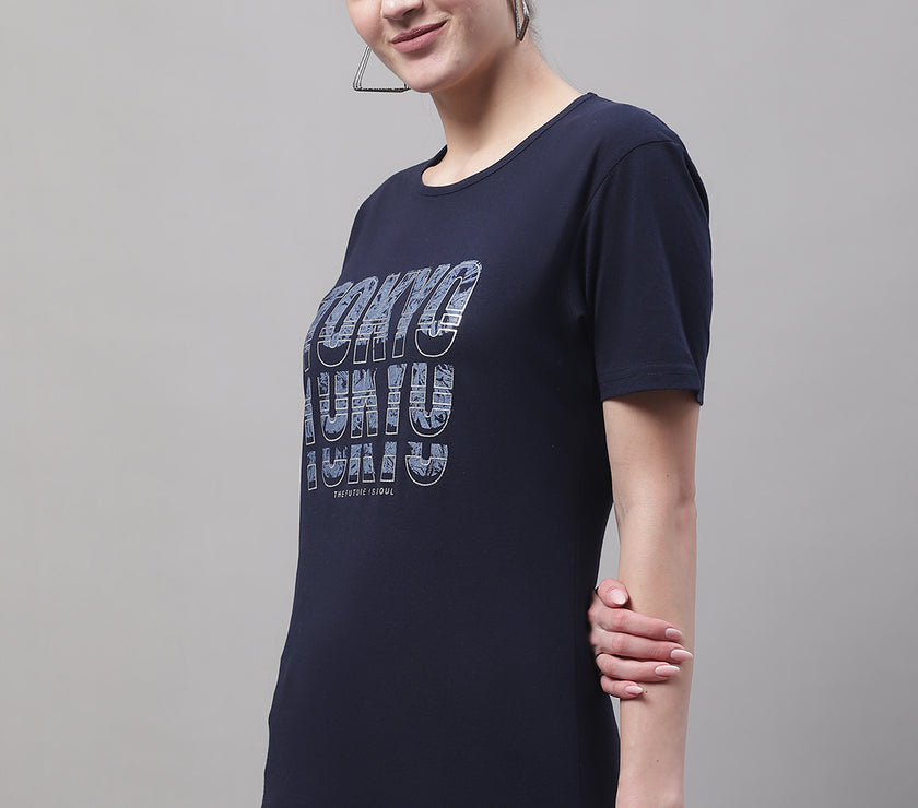 Vimal Jonney Round Neck Cotton Printed Navy Blue T-Shirt for Women