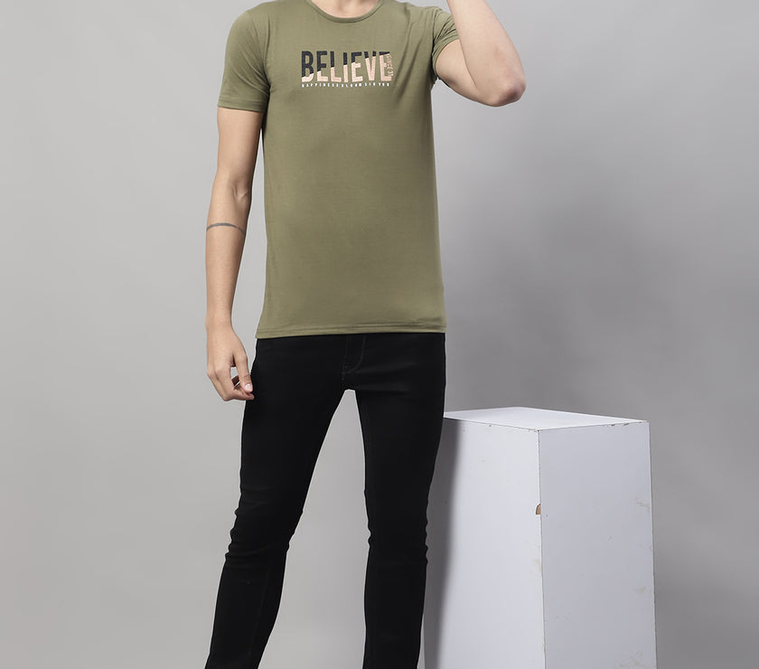 Vimal Jonney Round Neck Cotton Printed Olive T-Shirt for Men