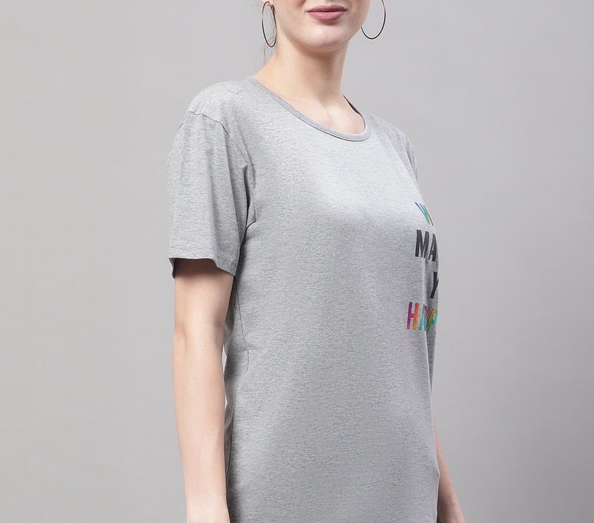 Vimal Jonney Round Neck Cotton Printed Grey Melange T-Shirt for Women