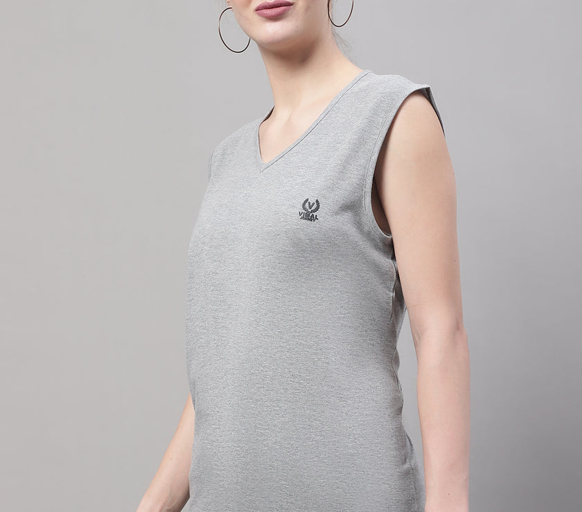 Vimal Jonney Regular Fit Cotton Solid Grey Melange Gym Vest for Women