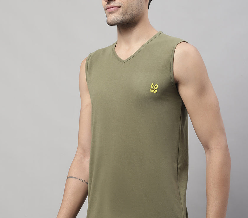 Vimal Jonney Regular Fit Cotton Solid Olive Gym Vest for Men