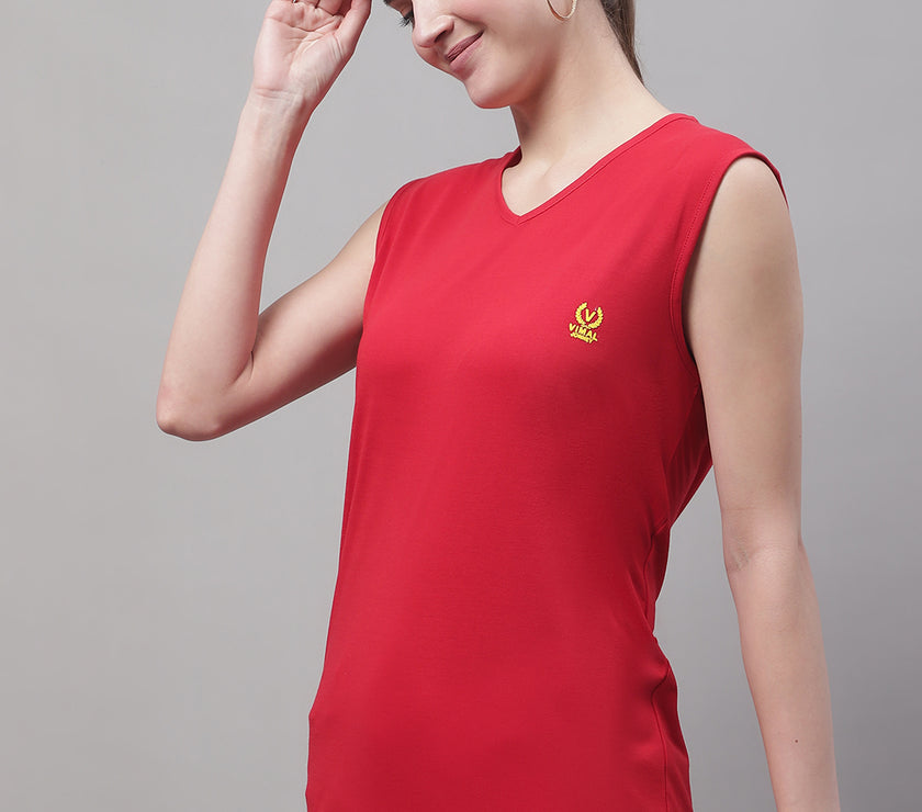 Vimal Jonney Regular Fit Cotton Solid Red Gym Vest for Women