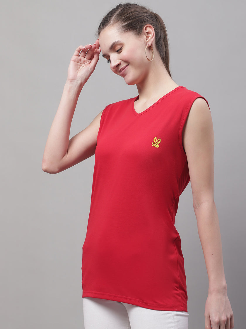 Vimal Jonney Regular Fit Cotton Solid Red Gym Vest for Women