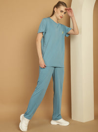 Vimal Jonney Blue Cotton Solid Co-ord Set Tracksuit For Women