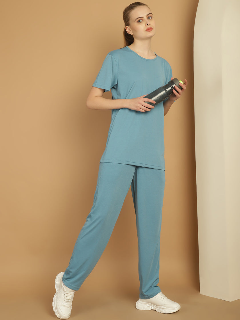 Vimal Jonney Blue Cotton Solid Co-ord Set Tracksuit For Women