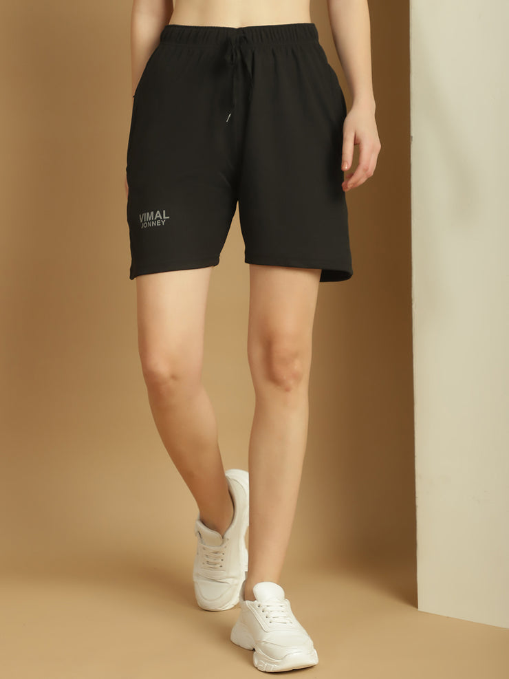 Vimal Jonney Solid Black Regular Fit Polyster Lycra Shorts For WOMEN