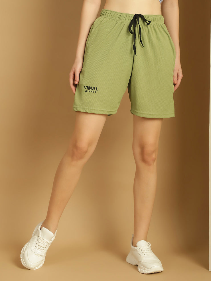 Vimal Jonney Solid Light Green Regular Fit Polyster Lycra Shorts For WOMEN