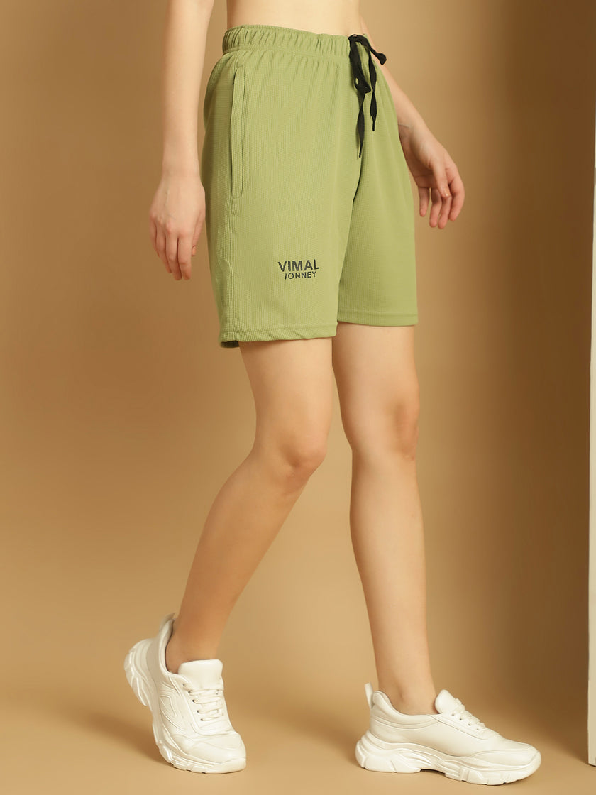 Vimal Jonney Solid Light Green Regular Fit Polyster Lycra Shorts For WOMEN