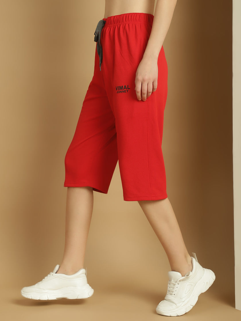 Vimal Jonney Solid Red Regular Fit Polyster Lycra Capri For Women