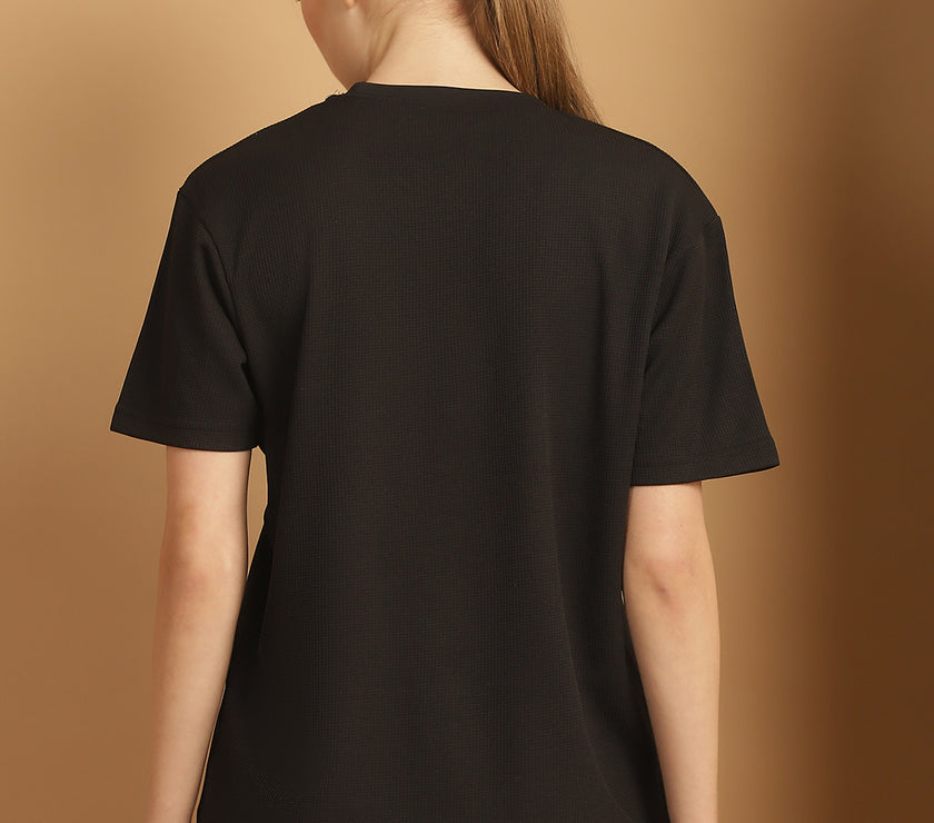 Vimal Jonney Solid Black Round Neck Polyester Lycra Half sleeves Tshirt For Women