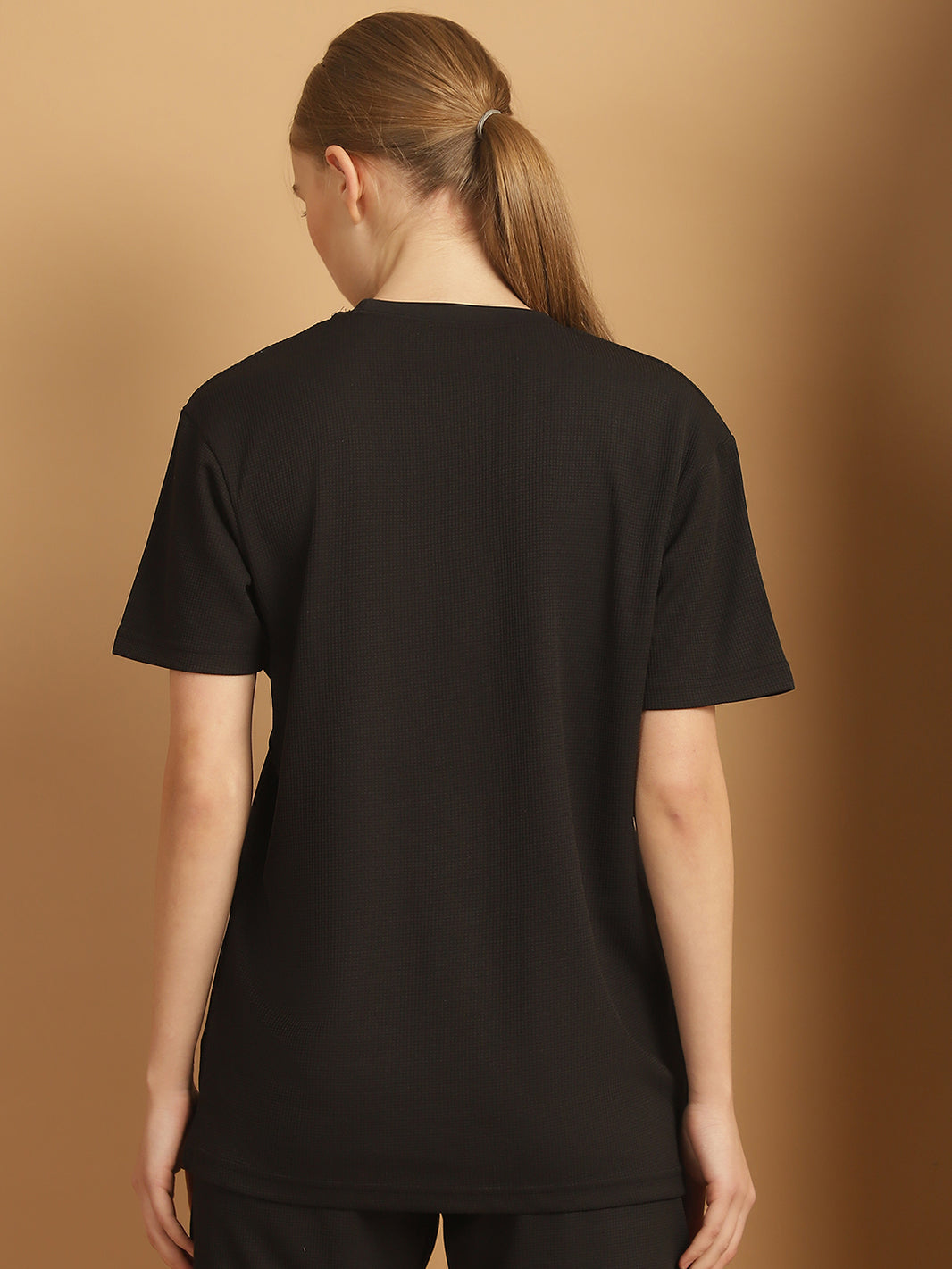 Vimal Jonney Solid Black Round Neck Polyester Lycra Half sleeves Tshirt For Women