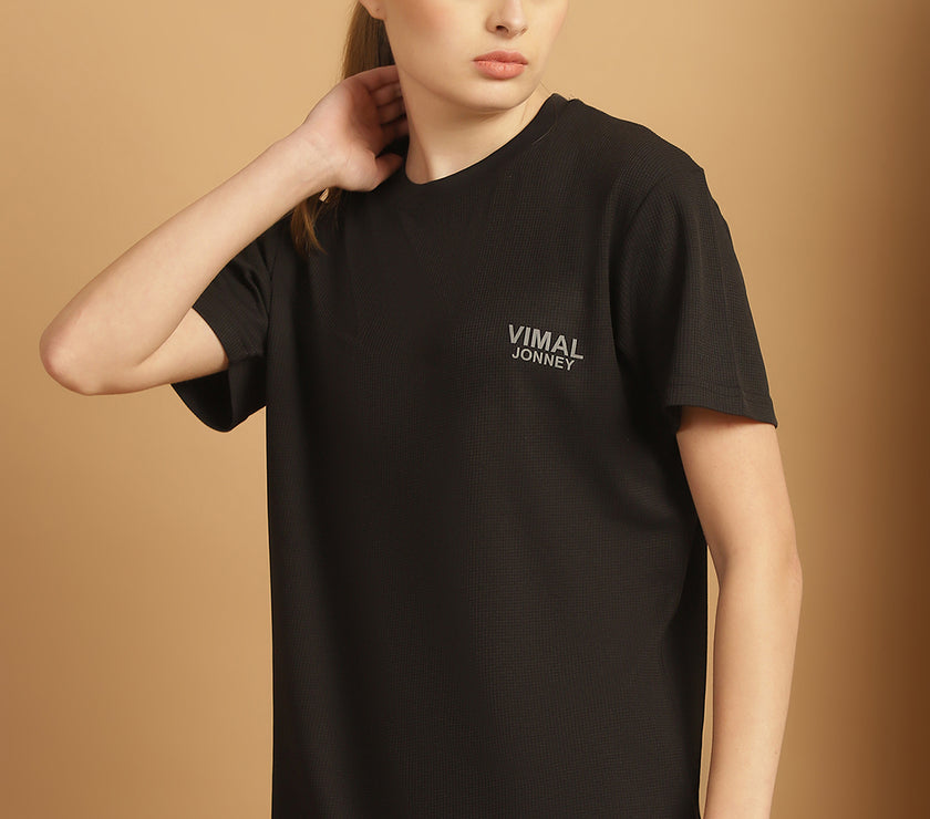 Vimal Jonney Solid Black Round Neck Polyester Lycra Half sleeves Tshirt For Women