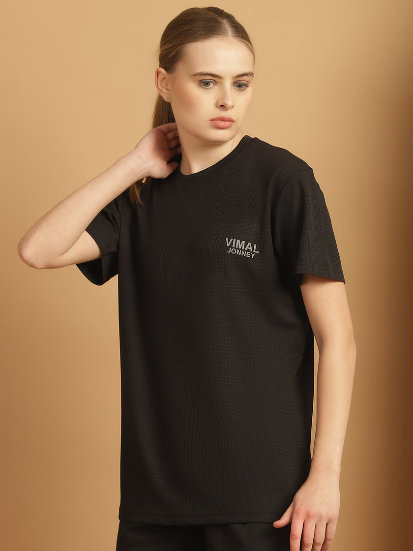 Vimal Jonney Solid Black Round Neck Polyester Lycra Half sleeves Tshirt For Women