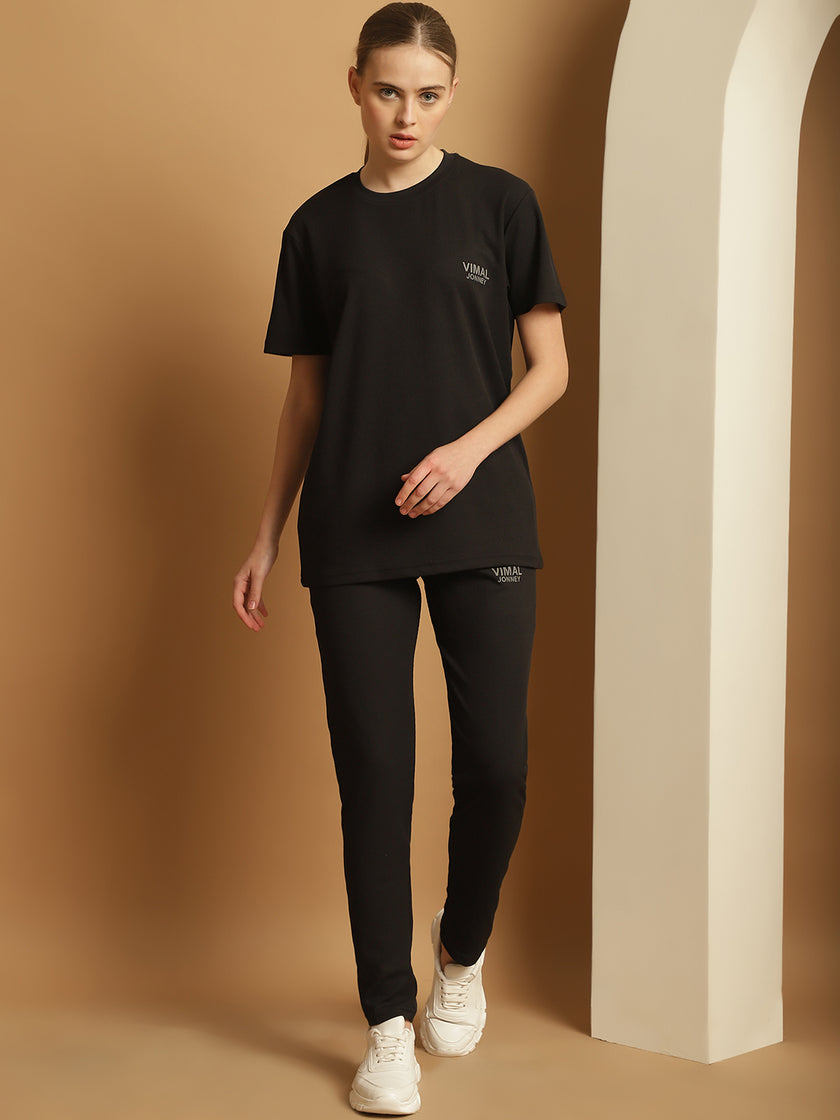 Vimal Jonney Solid  Black  Polyester Lycra Half sleeves Co-ord Set Trackuit For Women