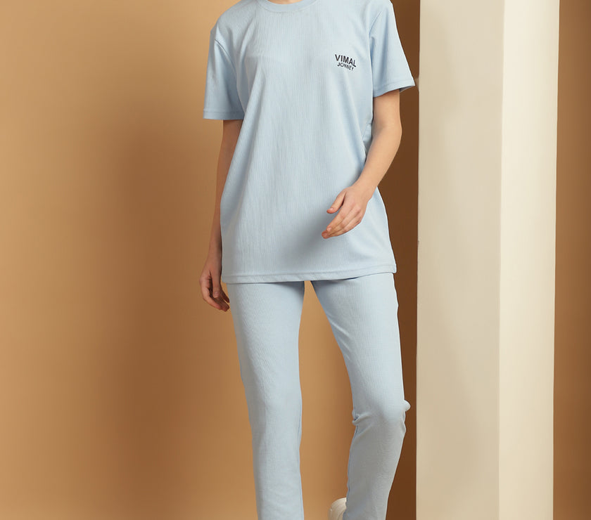 Vimal Jonney Solid  Light Blue  Polyester Lycra Half sleeves Co-ord Set Trackuit For Women